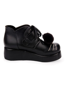 Classic Lolita Bootie Pom Pom Lace Up Embroidery PU Black Lolita Shoes