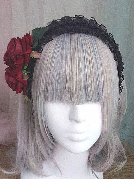 Gothic Lolita Headband Rose Lace Ruffle Black Lolita Headdress