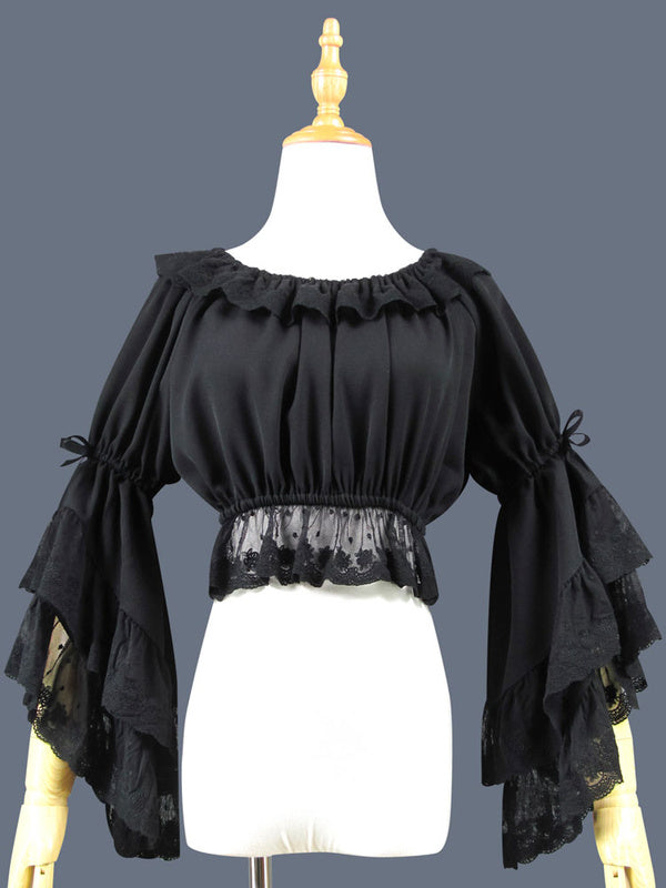 Sweet Lolita Blouse Lace Ruffle Bow Hime Sleeve Chiffon Black Lolita C ...