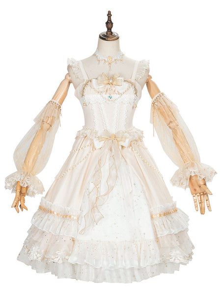 Sweet Lolita JSK Dress White Sleeveless Lace Up Bows Lolita Jumper Skirts