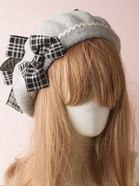 Classic Lolita Beret Plaid Bow Wool Burgundy Lolita Bowler Hat