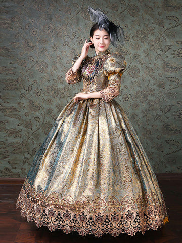 Rococo Victorian Dress Chinese Style Floral Print Lace 3/4-Length Sleeve Champagne Classical Lolita Dress