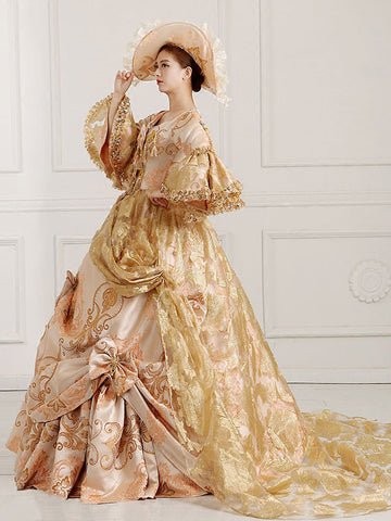 Rococo Victorian Dress Floral Print Lace 3/4-Length Sleeve Deep Apricot Classical Lolita Dress