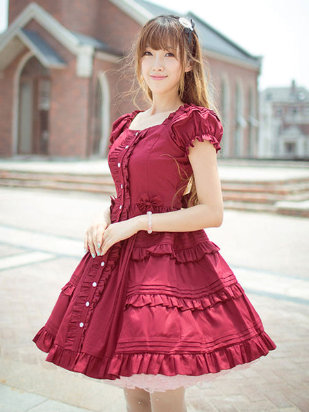 Classical Lolita Dress Layered Ruffles Lolita Dress Short Sleeves Lolita Op Dress With Bows