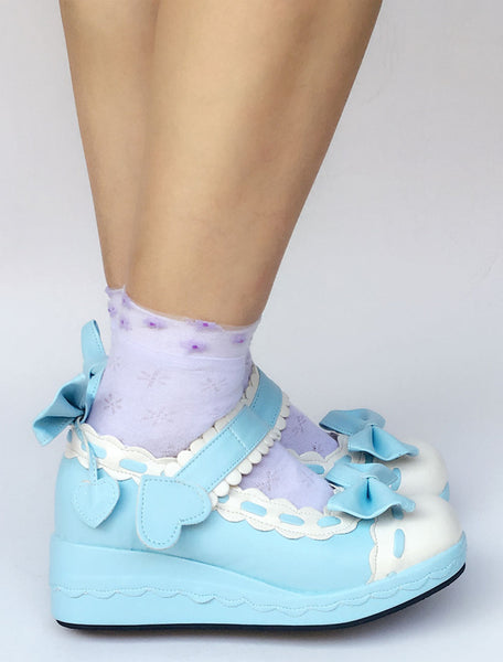 Sweet Lolita Shoes Light Sky Blue Bow Wedge Ankle Strap Round Toe Lolita Pumps