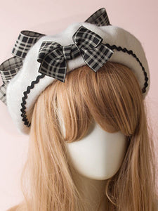 Classic Lolita Beret Plaid Bow Wool Burgundy Lolita Bowler Hat