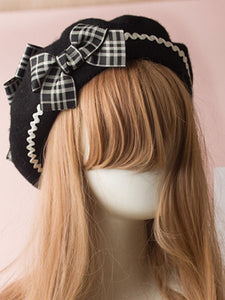 Classic Lolita Beret Plaid Bow Wool Burgundy Lolita Bowler Hat