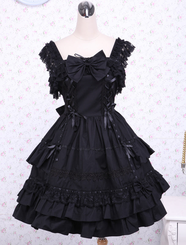 Gothic Lolita Dress JSK Black Ruffles Bow Lace Trim Lolita Jumper Skirt