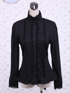 Black Cotton Lolita Blouse Stand Collar Layered Lace Trim Ruffles