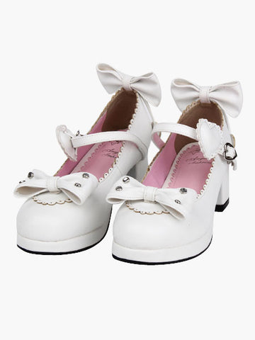 White Lolita Heels Bow Scalloped Buckle PU Lolita Shoes