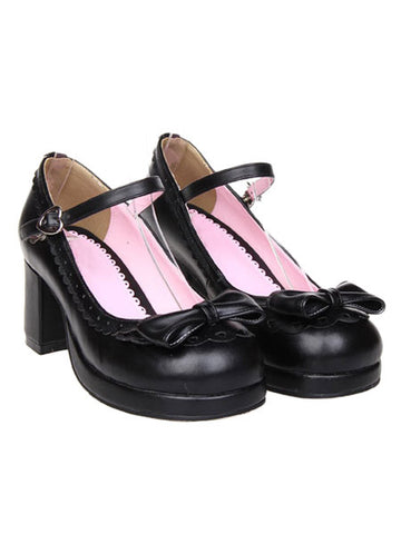 Matte Black Lolita Chunky Heels Shoes Bow Ankle Strap Heart Shape Buckle