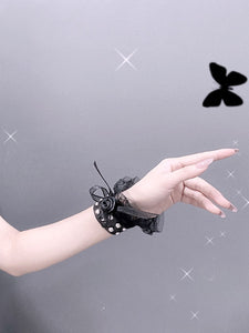 Black Lolita Bracelet Lace Rivets PU Leather Rose Pattern Lolita Accessories