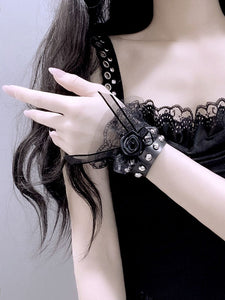 Black Lolita Bracelet Lace Rivets PU Leather Rose Pattern Lolita Accessories