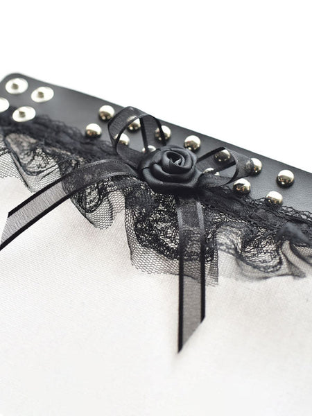 Black Lolita Bracelet Lace Rivets PU Leather Rose Pattern Lolita Accessories