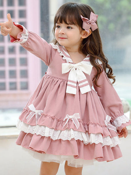 Children's Sweet Lolita Pink Ruffles Polyester Sailor Collar Long Slee ...