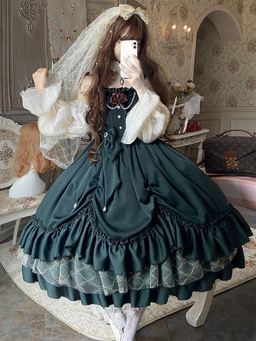 Classical Lolita JSK Dress Ink Green Ruffles Bows Sleeveless Polyester Lolita Jumper Skirt