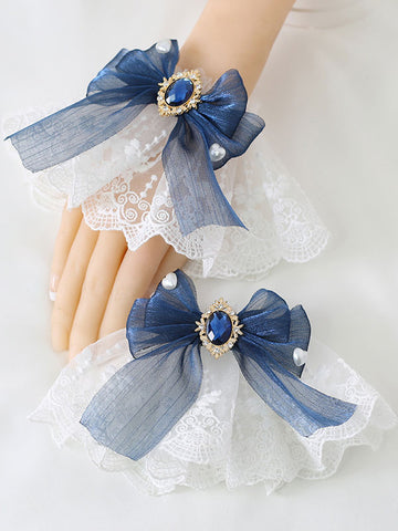 Deep Blue Lolita Bracelet Polyester Accessory Bow Jeweled Lace Bows Lolita Accessories