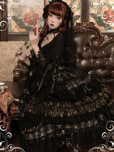 Gothic Lolita OP Dress Black Long Sleeve Polyester Tea Party Witch Lace Lolita One Piece Dress