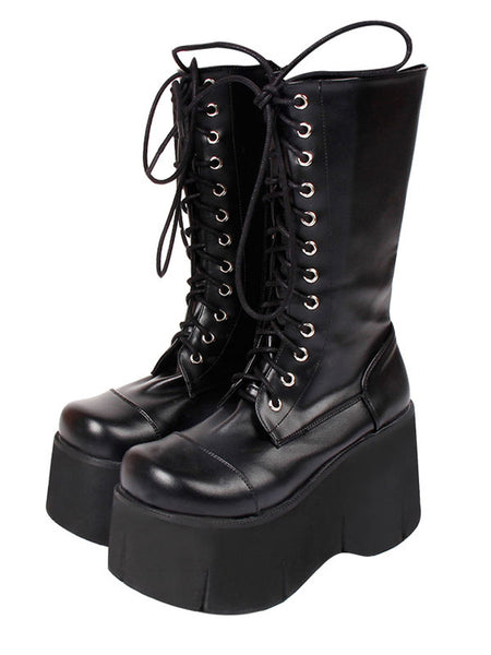 Harajuku Fashion Lolita Boots Black Silver Round Toe Flared Heel PU Leather Lolita Footwear