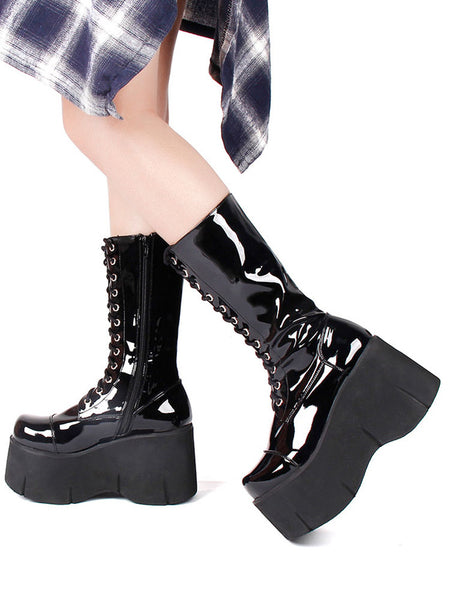 Harajuku Fashion Lolita Boots Black Silver Round Toe Flared Heel PU Leather Lolita Footwear