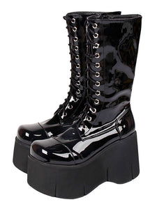 Harajuku Fashion Lolita Boots Black Silver Round Toe Flared Heel PU Leather Lolita Footwear