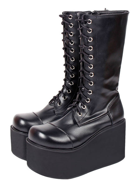 Harajuku Fashion Lolita Mid Calf Boots Black Round Toe Wedge Heel PU Leather Lolita Footwear