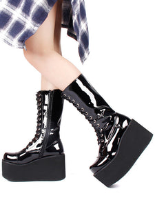 Harajuku Fashion Lolita Mid Calf Boots Black Round Toe Wedge Heel PU Leather Lolita Footwear