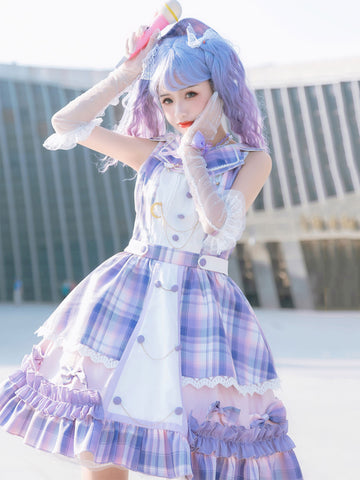 Idol Clothes Lolita JSK Dress Lilac Print Pattern Bows Metal Details Sleeveless Polyester Lolita Jumper Skirts