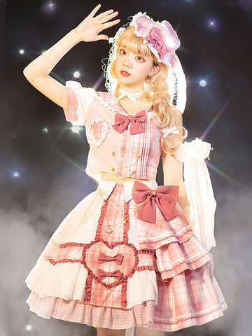 Idol clothes Lolita OP Dress 4-Piece Set Sleeveless Plaid Pattern Bows Metal Details Polyester Pink Lolita One Piece Outfit