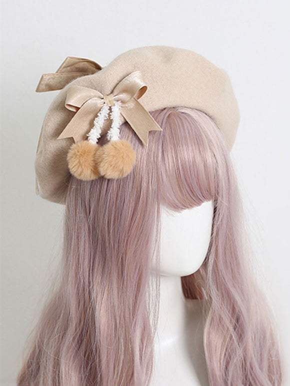 Light Apricot Lolita Hat Bows Pom Poms Accessory Bow Polyester Lolita Accessories