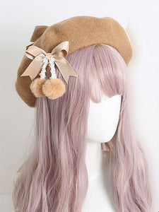 Light Apricot Lolita Hat Bows Pom Poms Accessory Bow Polyester Lolita Accessories