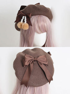 Light Apricot Lolita Hat Bows Pom Poms Accessory Bow Polyester Lolita Accessories