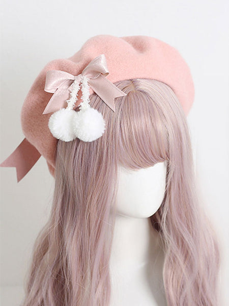 Light Apricot Lolita Hat Bows Pom Poms Accessory Bow Polyester Lolita Accessories