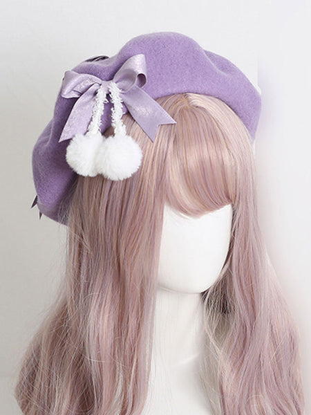 Light Apricot Lolita Hat Bows Pom Poms Accessory Bow Polyester Lolita Accessories