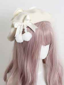 Light Apricot Lolita Hat Bows Pom Poms Accessory Bow Polyester Lolita Accessories