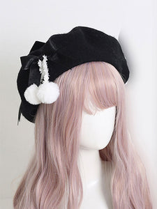 Light Apricot Lolita Hat Bows Pom Poms Accessory Bow Polyester Lolita Accessories