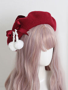 Light Apricot Lolita Hat Bows Pom Poms Accessory Bow Polyester Lolita Accessories