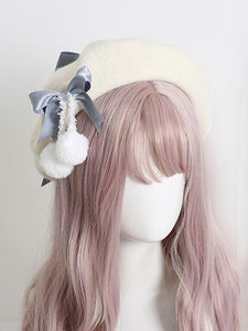 Light Apricot Lolita Hat Bows Pom Poms Accessory Bow Polyester Lolita Accessories