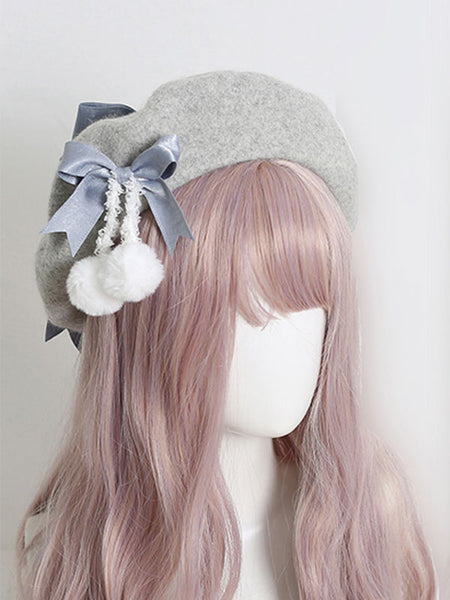 Light Apricot Lolita Hat Bows Pom Poms Accessory Bow Polyester Lolita Accessories