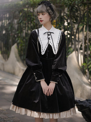 Lolita Dress 2-Piece Set Polyester Accessory Long Sleeves Ruffles Black Lolita Jumper Skirt