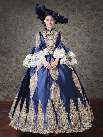 Rococo Victorian Dress Lace Long Sleeve Blue Classical Lolita Dress