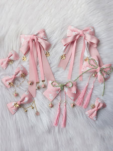 Wa Lolita Headdress Pink Linen Cotton Blend Fringe Bows Flowers Sakura Pattern Animal Print Headwear Lolita Headband