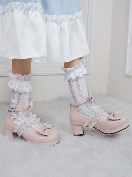 White Lolita Footwear Round Toe PU Leather Lolita Pumps