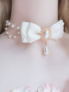 White Lolita Necklace Pearls Polyester Bows Sweet Lolita Chocker