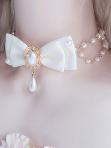 White Lolita Necklace Pearls Polyester Bows Sweet Lolita Chocker