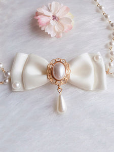 White Lolita Necklace Pearls Polyester Bows Sweet Lolita Chocker