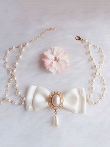 White Lolita Necklace Pearls Polyester Bows Sweet Lolita Chocker